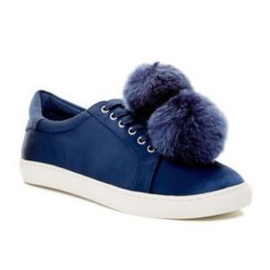 J Slides Navy Satin Faux Fur Pom-Pom Sneakers 10